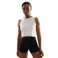 Damska treningowa koszulka crop top bez rękawów Fitness Siroko Avast. Białe koszulki sportowe damskie SIROKO, l, bez wzorów, z materiału, bez kołnierzyka, bez ramiączek, na fitness i siłownię. Za 105.00 zł.