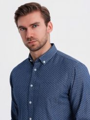 Wzorzysta męska koszula z cienkiego jeansu z kieszonką – niebieska V2 OM-SHDS-0179 - XXL. Niebieskie koszule męskie Ombre Clothing, l, bez wzorów, z bawełny, casualowe, bez kołnierzyka, bez ramiączek. W wyprzedaży za 129.99 zł.