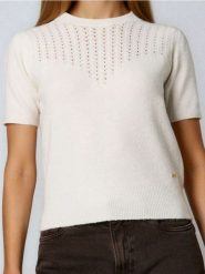 Bluzka z domieszką wełny - kremowy. Białe bluzki damskie Sinsay, l, bez wzorów, z wełny, bez kołnierzyka, bez ramiączek. Za 45.99 zł.