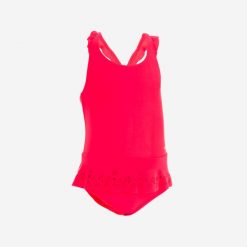 Strój jednoczęściowy pływacki dla malucha Nabaiji ze spódniczką. Czerwone stroje kąpielowe dla dziewczynek Decathlon, bez wzorów, z elastanu. Za 49.99 zł.