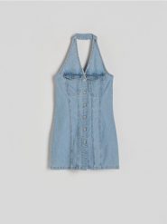Jeansowa sukienka mini - niebieski. Niebieskie sukienki damskie Reserved, l, bez wzorów, z denimu, bez kołnierzyka, bez ramiączek, mini, dopasowane. W wyprzedaży za 49.99 zł.