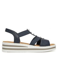 Sandały Rieker. Niebieskie sandały damskie Rieker, bez wzorów, bez obcasa, na koturnie, bez zapięcia. Za 229.99 zł.