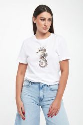 T-shirt damski z nadrukiem i cyrkoniami LIU JO. T-shirty damskie Liu Jo, xs, bez wzorów, bez kołnierzyka. Za 299.00 zł.
