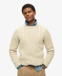 Superdry Jacob Cable Knit Jumper – sweter w warkocze, luźny krój. Brązowe swetry przez głowę męskie Superdry., xl, z aplikacjami, z jeansu, bez kołnierzyka. Za 387.20 zł.