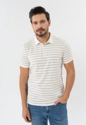 Polo w paski O-LANTIANO. Białe koszulki polo męskie Volcano, na jesień, l, bez wzorów, z bawełny, bez ramiączek. Za 109.99 zł.