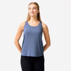 Koszulka bez rękawów do tańca nowoczesnego damska Domyos. Niebieskie bluzy sportowe damskie DOMYOS, xl, bez wzorów, z elastanu, bez kaptura, na jogę i pilates. Za 69.99 zł.