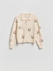 Rozpinany sweter z kołnierzykiem - kremowy. Białe kardigany damskie Reserved, l, bez wzorów, z dzianiny. Za 149.99 zł.