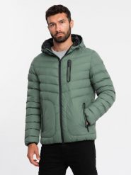 Sportowa pikowana męska kurtka z kontrastowym zamkiem – khaki V6 OM-JALP-0179 - L. Brązowe kurtki męskie Ombre Clothing, l, z aplikacjami, z gumy, sportowe. W wyprzedaży za 109.99 zł.