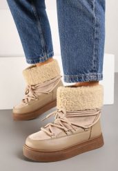 Ciemnobeżowe Śniegowce na Grubej Podeszwie ze Sznurowaniem i Futerkiem Izantea. Brązowe śniegowce i trapery damskie Born2be, z futra. Za 99.99 zł.