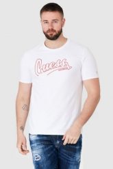 GUESS Biały t-shirt męski beachwear, Rozmiar M. Białe t-shirty męskie Guess, m, z aplikacjami, bez kołnierzyka. W wyprzedaży za 114.99 zł.