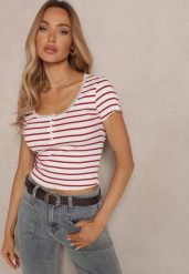Beżowy T-shirt z Bawełny w Poziome Paski Ozdobiony Koronką i Guzikami Ramilda. Brązowe bluzki damskie Renee, m, bez wzorów, z bawełny, eleganckie, bez kołnierzyka. Za 49.99 zł.