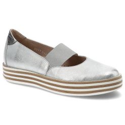 Półbuty damskie Simen, z skóry naturalnej licowej z gumką na podbiciu stopy, srebrne, 0461-VS-Kryszt-Srebro. Szare półbuty damskie Simen, bez wzorów, ze skóry, bez obcasa, bez zapięcia. Za 229.00 zł.