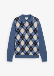 Sweter polo ze wzorem w romby z czystej bawełny. Niebieskie swetry przez głowę męskie bonprix, m, bez wzorów, z bawełny, bez kołnierzyka. Za 129.99 zł.