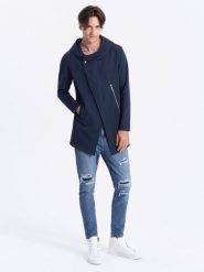 Długa bluza męska z asymetrycznym zapięciem HAGA - granatowa - Rozmiar: XL. Niebieskie bluzy męskie Ombre Clothing, m, bez wzorów, z bawełny, bez kaptura. Za 356.99 zł.