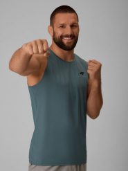 4F Koszulka treningowa regular szybkoschnąca męska - turkusowa M. Niebieskie koszulki sportowe męskie 4f, m, bez wzorów, z materiału, bez kołnierzyka, bez ramiączek, na fitness i siłownię. Za 69.99 zł.