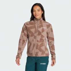 Bluza Terrex Multi Printed Full-Zip Fleece. Brązowe bluzy sportowe damskie Adidas, s, bez wzorów, z materiału, bez kaptura, trekkingowe. Za 299.00 zł.