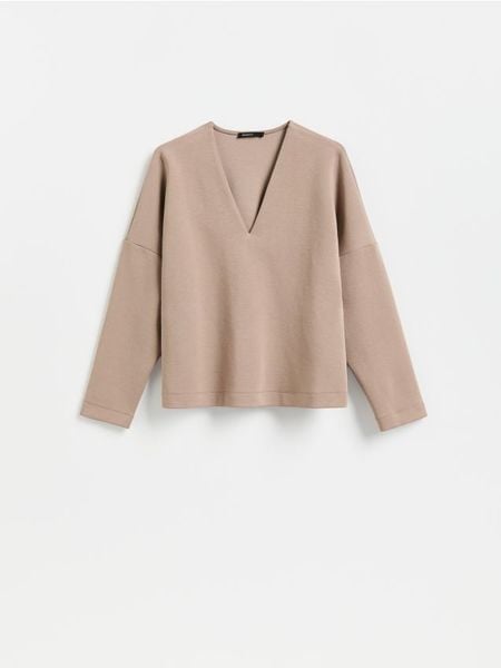 Bluza z dekoltem V - brązowy. Brązowe bluzy damskie Reserved, l, bez wzorów, z bawełny, bez kaptura. Za 89.99 zł.