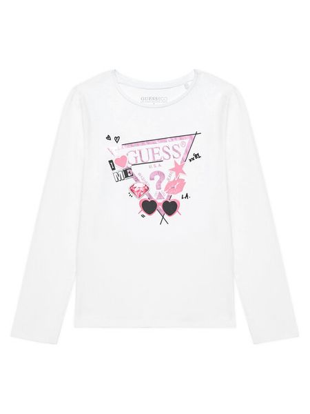 Guess Bluzka J5YI01 K6YW4 Biały Regular Fit. Białe bluzki dla dziewczynek Guess, z aplikacjami, z bawełny, bez kołnierzyka, bez ramiączek. Za 59.99 zł.