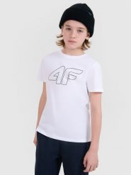 4F T-shirt z nadrukiem chłopięcy - biały 152 (11-12 lat). Białe t-shirty dla chłopców 4f, bez wzorów, z bawełny, bez ramiączek. Za 39.99 zł.