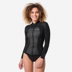 Kurtka surfingowa damska Olaian 900 z neoprenu 1,5 mm. Czarne koszulki sportowe damskie OLAIAN, m, bez wzorów, z neoprenu, bez kaptura. Za 219.99 zł.