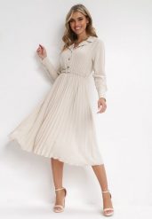 Beżowa Koszulowa Sukienka z Plisowanym Dołem i Paskiem Tesika. Brązowe sukienki damskie Born2be, l, bez wzorów, z materiału, eleganckie, bez kołnierzyka, bez ramiączek, midi, koszulowe. Za 109.99 zł.