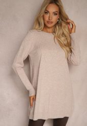 Ciemnobeżowy Sweter bez Zdobień o Luźnym Długim Fasonie Arferiava. Brązowe swetry damskie Renee, z aplikacjami, casualowe, bez kołnierzyka, bez ramiączek, długie, bez kaptura. Za 69.99 zł.