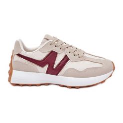 Buty Sportowe Sneakersy Damskie Beżowo-Bordowe beżowy. Brązowe obuwie sportowe damskie bez wzorów, ze skóry. Za 146.62 zł.