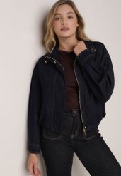 Granatowa Jeansowa Kurtka Przejściowa z Bawełny o Kroju Bombki z Kołnierzykiem Jotima. Niebieskie kurtki damskie Born2be, m, bez wzorów, z bawełny, bez kaptura. Za 159.99 zł.