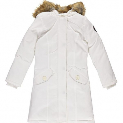 Płaszcz zimowy w kolorze bialym. Białe kurtki i płaszcze dla dziewczynek Geographical Norway Kids & Women, na zimę, z aplikacjami, prążkowane. W wyprzedaży za 295.95 zł.