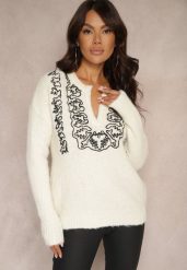 Jasnobeżowy Sweter z Dodatkiem Wełny i Ozdobnym Haftem Melorinnea. Brązowe swetry damskie Renee, na jesień, m, bez wzorów, z jeansu, biznesowe, bez kołnierzyka, bez ramiączek, długie, bez kaptura. Za 59.99 zł.