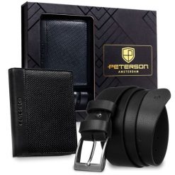 Zestaw prezentowy: skórzany, pionowy portfel męski w czarnym kolorze bez zapięcia i czarny pasek ze skóry ekologicznej - Peterson. Czarne portfele męskie Peterson, bez wzorów, ze skóry ekologicznej. Za 109.00 zł.