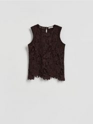 Ażurowa bluzka - ciemnobrązowy. Brązowe bluzki damskie Reserved, l, w ażurowe wzory, z dzianiny, bez kołnierzyka, bez ramiączek. Za 109.99 zł.