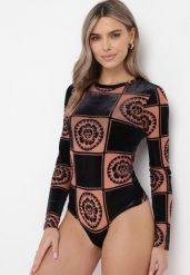Beżowe Body z Długim Rękawem w Geometryczny Wzór Gerilla. Brązowe bluzki damskie Born2be, l, bez wzorów, bez kołnierzyka, bez ramiączek. Za 109.99 zł.