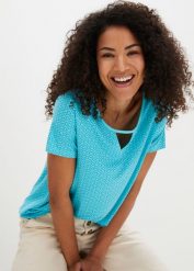Shirt z gumką, krótki rękaw. Niebieskie bluzki damskie bonprix, bez wzorów, bez kołnierzyka, bez ramiączek. Za 69.99 zł.