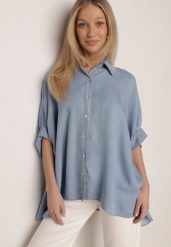 Jasnoniebieska Nietoperzowa Koszula Oversize z Wiskozą z Rękawami 3/4 Mathei. Niebieskie bluzki damskie Born2be, m, bez wzorów, z materiału, casualowe, bez kołnierzyka, bez ramiączek. Za 139.99 zł.