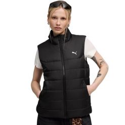 Puma ESS Padded Vest damska kamizelka. Czarne kurtki damskie Puma, bez wzorów, z puchu, bez kaptura. Za 230.99 zł.