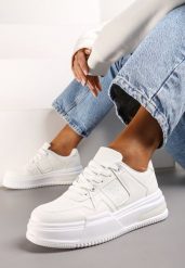 Białe Sportowe Sneakersy na Grubej Podeszwie z Wiązaniem Mintellia. Białe obuwie sportowe damskie Renee, bez wzorów, z jeansu. Za 79.99 zł.