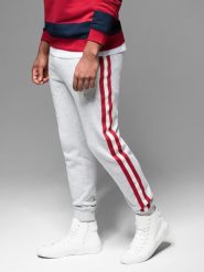 Męskie spodnie dresowe z lampasami i ściągaczami na nogawkach szary melanż V1 OM-PASK-0258 XL. Szare spodnie sportowe męskie Ombre, m, bez wzorów, z dresówki. Za 302.57 zł.