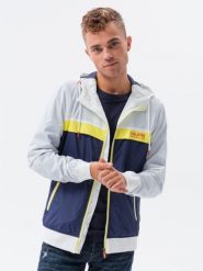 Kurtka męska wiatrówka z kapturem - granatowa V1. Niebieskie kurtki męskie Ombre Clothing, m, bez wzorów, z kapturem. W wyprzedaży za 49.99 zł.