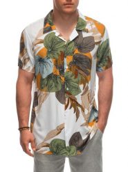 Wiskozowa wzorzysta męska koszula z krótkim rękawem OM-SHPS-0113 - biała/kremowa V6 - XXL. Białe koszule męskie Ombre Clothing, l, bez wzorów, z materiału, klasyczne, bez kołnierzyka, bez ramiączek. W wyprzedaży za 69.99 zł.