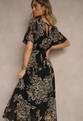 Czarna Rozkloszowana Sukienka z Wiązaniem w Kwiatowy Wzór Jeloiti. Czarne sukienki damskie Renee, na co dzień, l, bez wzorów, eleganckie, bez kołnierzyka, bez ramiączek, maxi, proste. Za 84.99 zł.