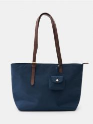 Torba shopper z kontrastowymi uchwytami i odpinanym etui - granatowy. Niebieskie torebki shopper damskie Sinsay, bez wzorów, bez dodatków. Za 49.99 zł.