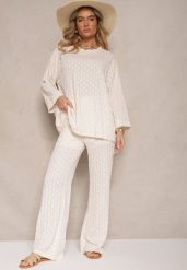 Beżowy Komplet ze Spodniami o Szerokim Kroju i Bluzką z Długim Rękawem Caniffia. Brązowe bluzki damskie Renee, bez wzorów, eleganckie, bez kołnierzyka, bez ramiączek. Za 119.99 zł.
