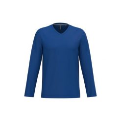 Koszulka z długim rękawem z dekoltem w serek Kariban. Niebieskie bluzki z długim rękawem męskie KARIBAN, m, bez wzorów, eleganckie, bez kołnierzyka. Za 125.50 zł.