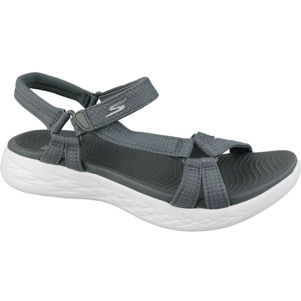 Sandały damskie, Skechers On The Go 600. Szare sandały damskie Skechers, bez wzorów, z materiału, bez obcasa, bez zapięcia. Za 229.99 zł.