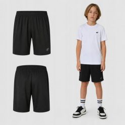 SPODENKI CHŁOPIĘCE 4F SPORTOWE TRENINGOWE SZYBKOSCHNĄCE CZARNE. Czarne szorty dla chłopców 4f, bez wzorów, z materiału, sportowe. Za 52.00 zł.