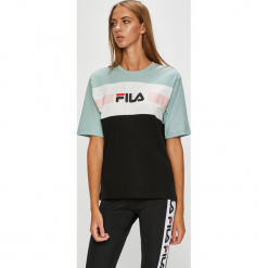 Fila - Top. Szare topy damskie Fila, z nadrukiem, z bawełny, z okrągłym kołnierzem, z krótkim rękawem. W wyprzedaży za 129.90 zł.