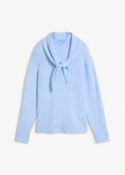 Gruby sweter ze stójką i ozdobnym szalikiem. Niebieskie swetry damskie bonprix, bez wzorów, prążkowane, bez kołnierzyka, bez ramiączek, bez kaptura. Za 139.99 zł.
