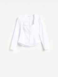 Bawełniana bluzka z falbankami - biały. Białe bluzki damskie Reserved, l, bez wzorów, z bawełny, bez kołnierzyka, bez ramiączek. Za 139.99 zł.