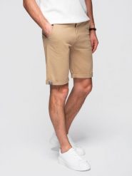 Klasyczne męskie szorty chino z podwiniętą nogawką - beżowe V11 - Rozmiar: XXL. Brązowe spodnie materiałowe męskie Ombre Clothing, na lato, m, bez wzorów, z bawełny, eleganckie. Za 209.99 zł.